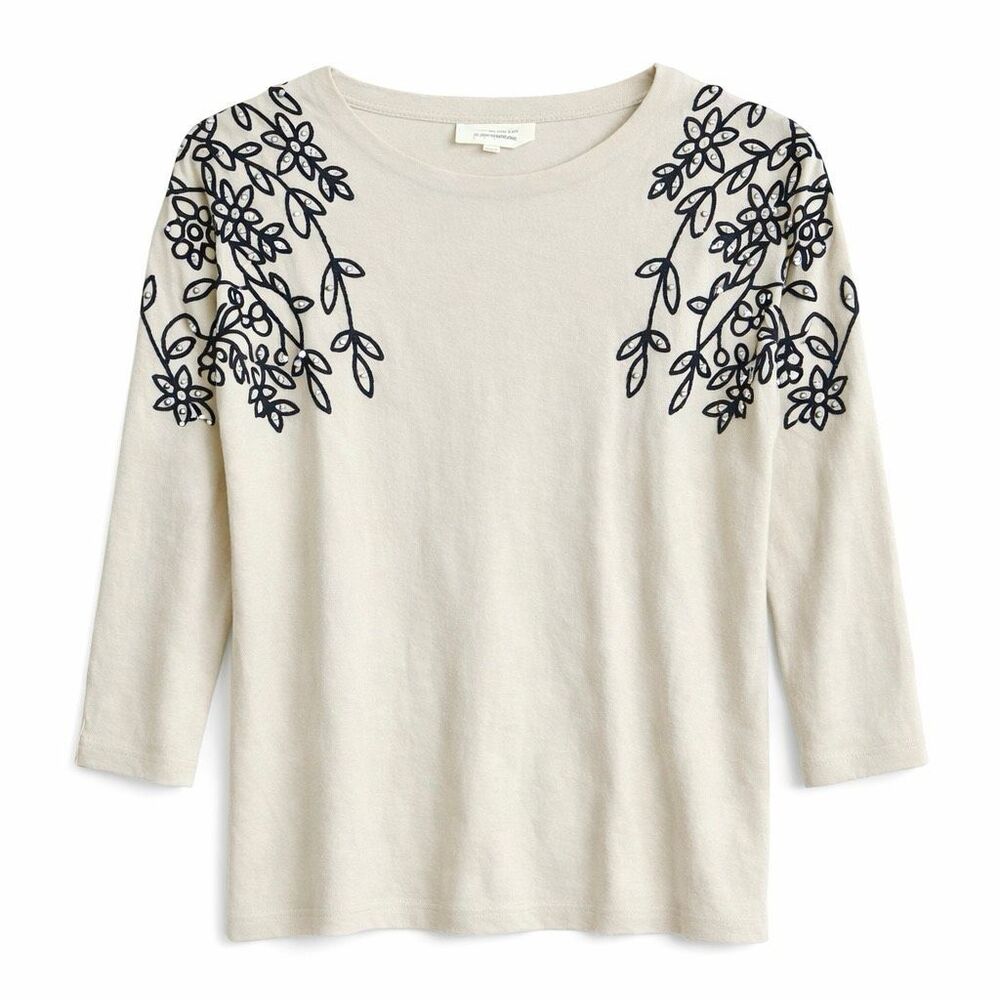 La Vila Milano Cream Pearl Embroidered Floral Knit 3/4 Sleeve Sweater M